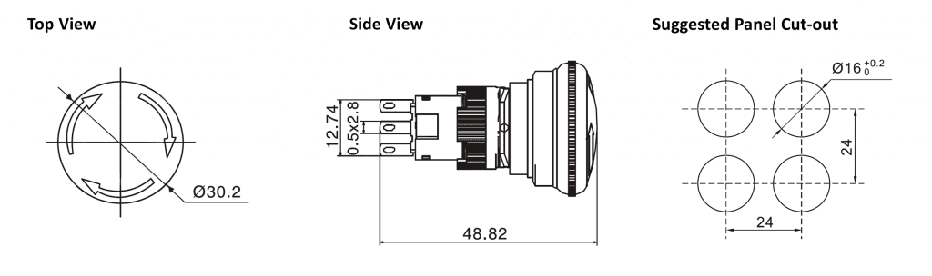 Drawing of Panel mount style Emergency stop mushroom switch with solder lug terminals, rjs electronics ltd