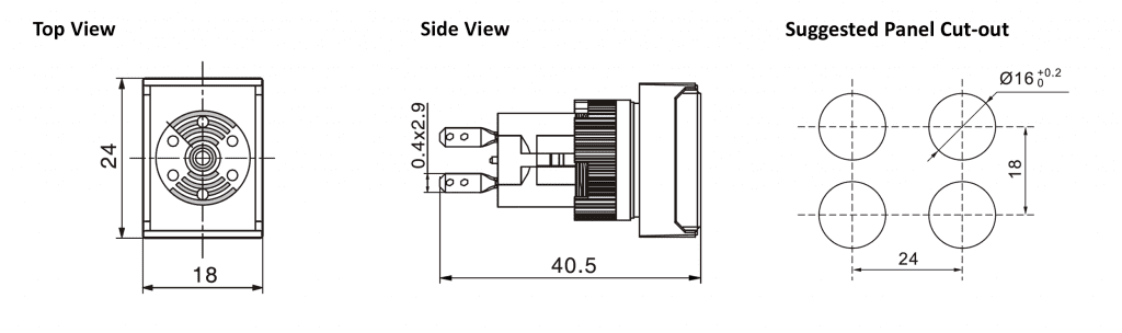 Drawing of RJSPS16A Rectangular Buzzer, Illuminated, Panel Mount Buzzer Switch, plastic switch which makes a buzzer sound. RJS Electronics Ltd.