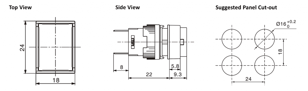 Drawing of RJSPS16A Rectangular, plastic push button switch, rjs electronics ltd