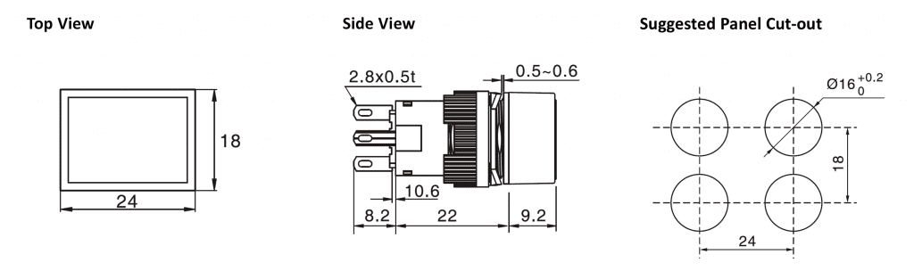 Drawing of RJSPS16A Rectangular Switch, plastic push button switch, rjs electronics ltd