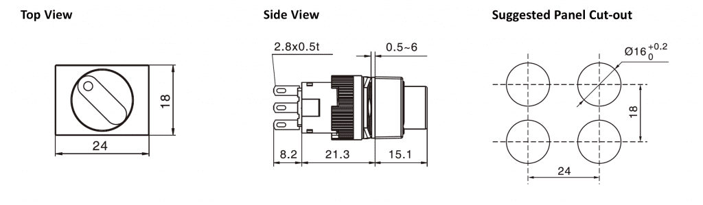 Drawing of RJSPS16A Rectangular Illuminated Selector Switch, rjs electronics ltd