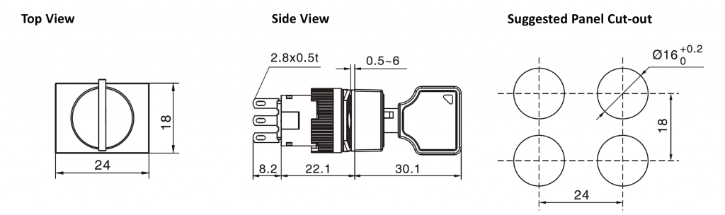 Drawing of RJSPS16A Rectangular, key lock switch, rjs electronics ltd