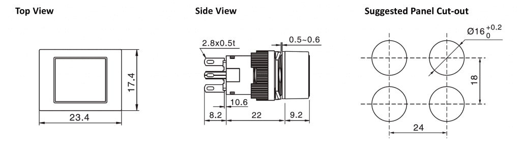 Drawing of RJSPS16A Rectangular Mushroom led plastic push button switch, rjs electronics ltd