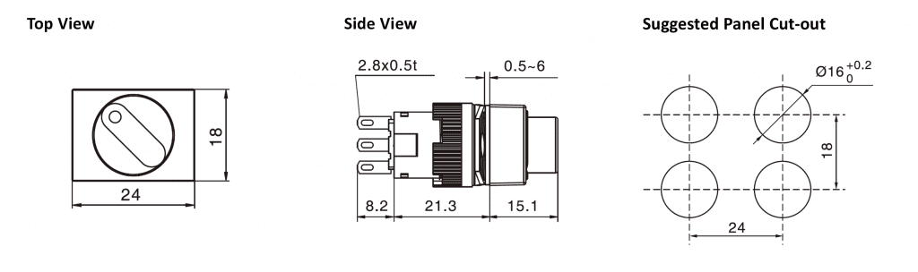 Drawing of RJSPS16A Rectangular Selector Switch, rjs electronics ltd