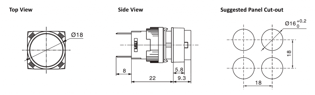 Drawing of RJSPS16A Round plastic led push button switch, rjs electronics ltd