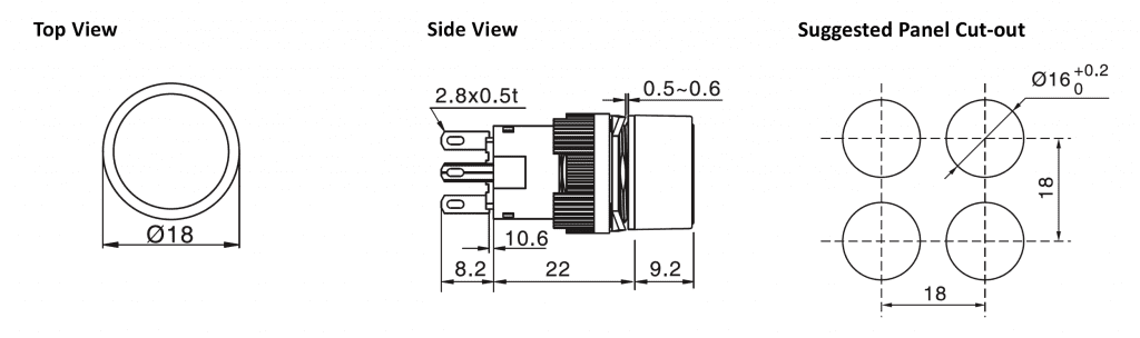 Drawing of RJSPS16A Round Switch, led plastic push button switch, rjs electronics ltd