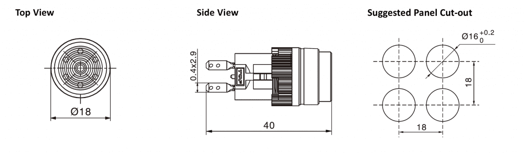 Drawing of RJSPS16A Round Buzzer, plastic led switch, rjs electronics ltd