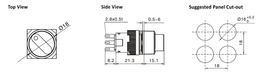 Drawing of RJSPS16A Round Illuminated Selector Switch, rjs electronics ltd