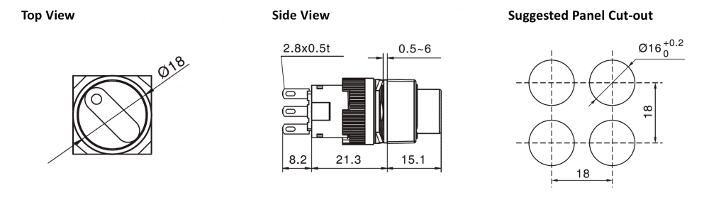 Drawing of RJSPS16A Round key lock switch, rjs electronics ltd