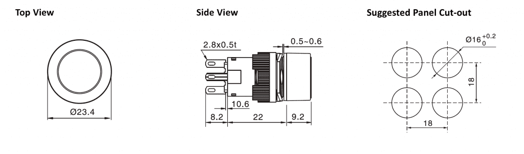 Drawing of RJSPS16A Round Mushroom, plastic led push button switch, rjs electronics ltd