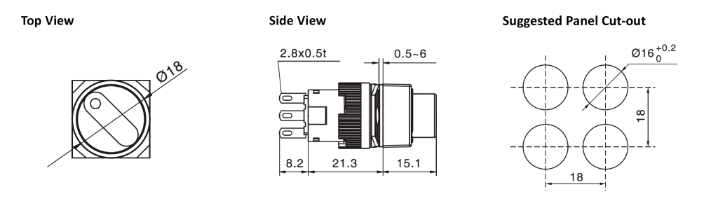 Drawing of RJSPS16A Round Selector Switch, rjs electronics ltd