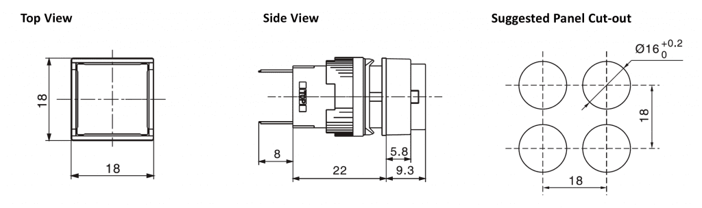 Drawing of RJSPS16A Square Indicator, plastic led indicator, rjs electronics ltd