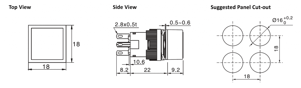 Drawing of RJSPS16A Square Switch, plastic led panel mount switch, rjs electronics ltd