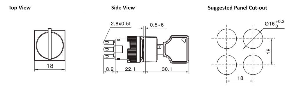 Drawing of RJSPS16A Square key lock switch, rjs electronics ltd
