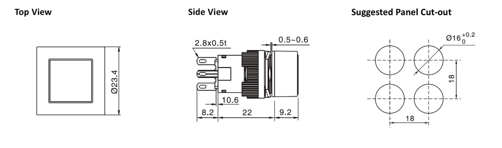 Drawing of RJSPS16A Square Mushroom panel mount square mushroom push button switch, rjs electronics ltd