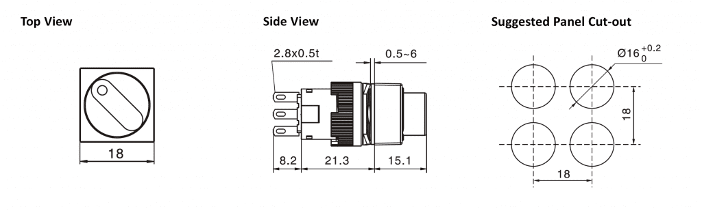 Drawing of RJSPS16A Square plastic selector switch, rjs electronics ltd
