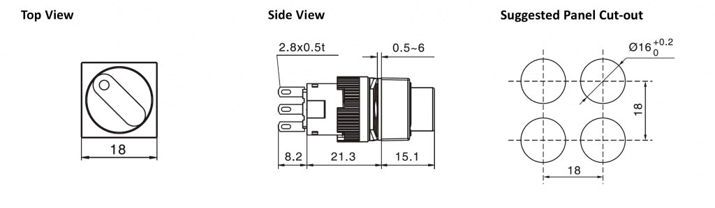 Drawing of RJSPS16A Square Illuminated Selector Switch, rjs electronics ltd
