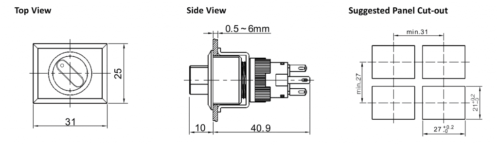 Drawing of RJSPS1622A Rectangular Selector Switch, non illuminated, rjs electronics ltd