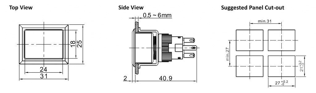 Drawing of RJSPS1622A Switch square full led illumination, rjs electronics ltd