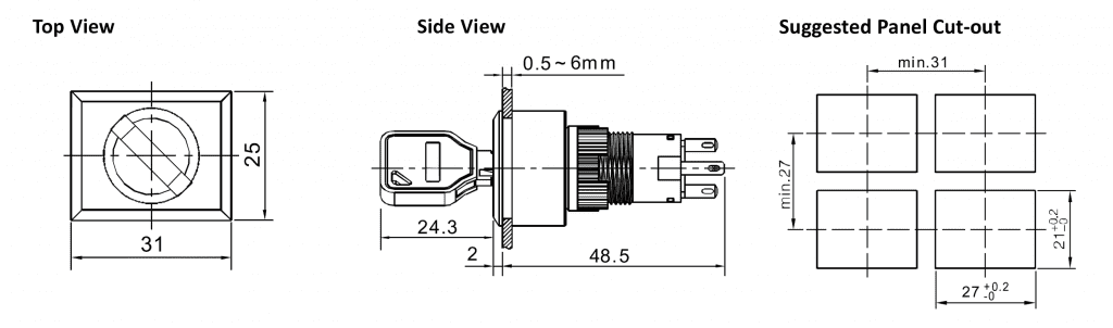 Drawing of RJSPS1622A Rectangular, plastic key lock switch, rjs electronics ltd