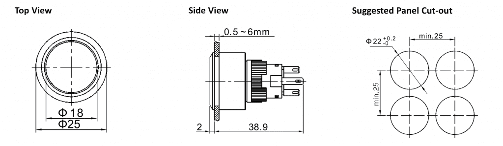 Drawing of RJSPS1622A Round LED Indicator, round led indicator panel mount, rjs electronics ltd