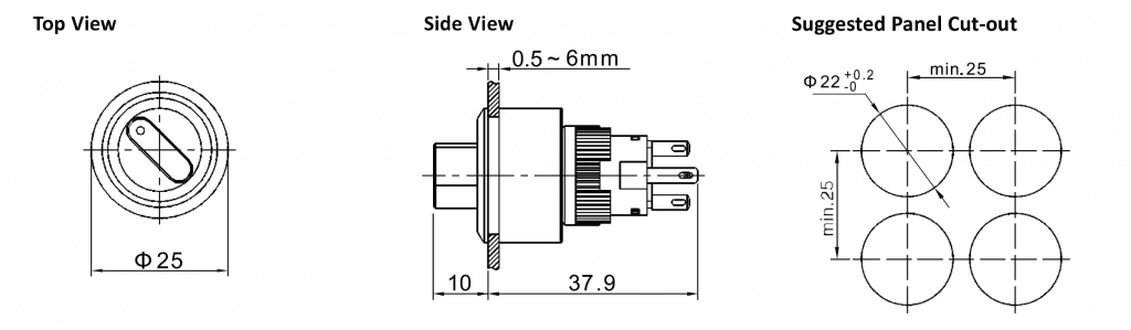 Drawing of RJSPS1622A Round Selector Switch, ring led illumination, rjs electronics ltd