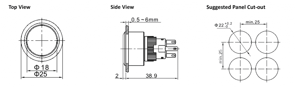 Drawing of RJSPS1622A Round Switch, led illuminated, rjs electronics ltd