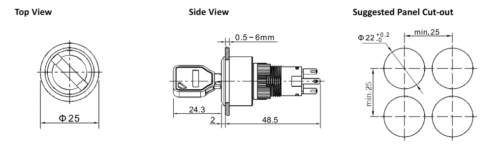 Drawing of RJSPS1622A Round, panel mound key lock led illuminated switch, rjs electronics ltd