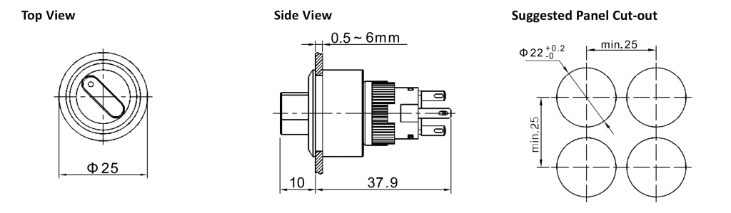 Drawing of RJSPS1622A Round Selection Button, rjs electronics ltd