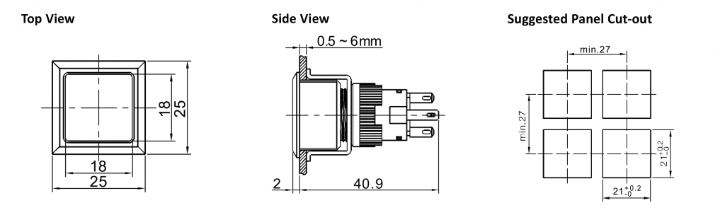 Drawing of RJSPS1622A Square, plastic led illuminated switch, rjs electronics ltd