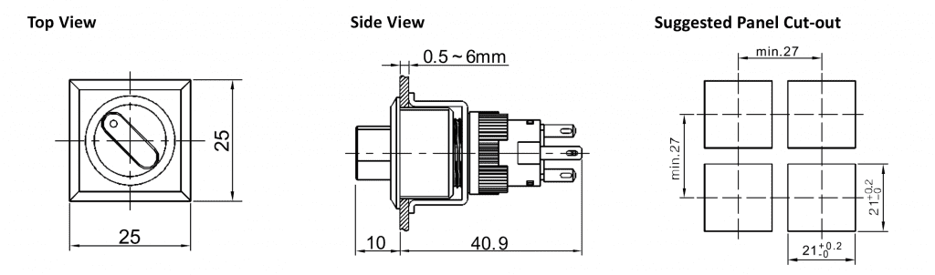 Drawing of RJSPS1622A Selector Switch, ring led illuminated, rjs electronics ltd