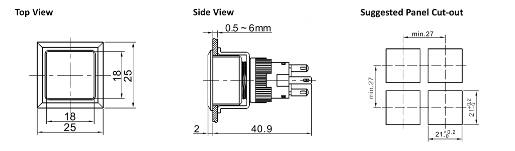 Drawing of RJSPS1622A Square Push Button, rjs electronics ltd