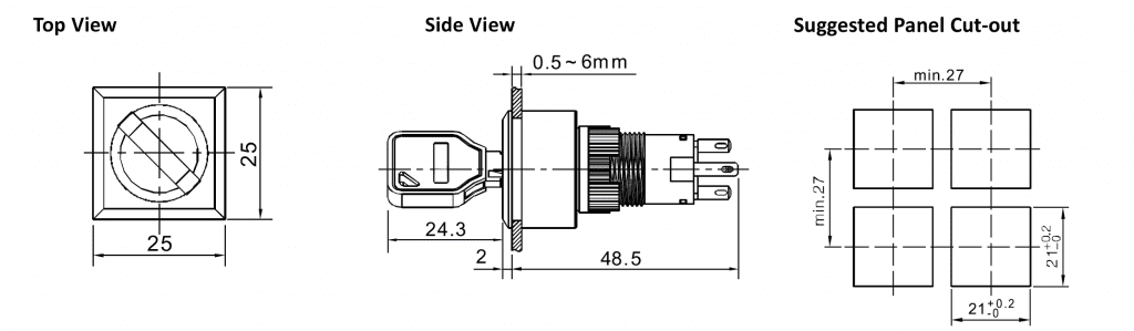 Drawing of RJSPS1622A Square, panel mount square keylock switch, rjs electronics ltd