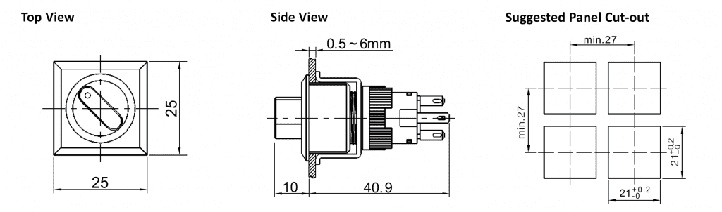 Drawing of RJSPS1622A Square Selector Switch, rjs electronics ltd