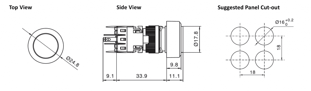 Drawing of RJSPS1622D Circular Button, plastic round led illuminated indicator, rjs electronics ltd