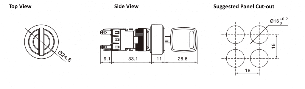 Drawing of RJSPS1622D Round non illuminated key lock switch, rjs electronics ltd