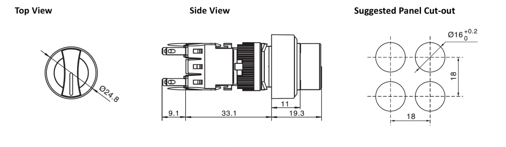 Drawing of RJSPS1622D Round Selector non illuminated round selector switch, rjs electronics ltd