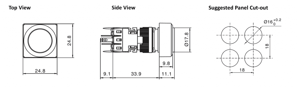 Drawing of panel mount square button with full LED illumination and solder lug terminals, rjs electronics ltd