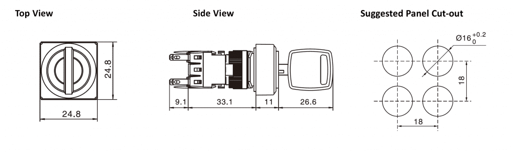 Drawing of RJSPS1622D Square key lock switch non illuminated, rjs electronics ltd