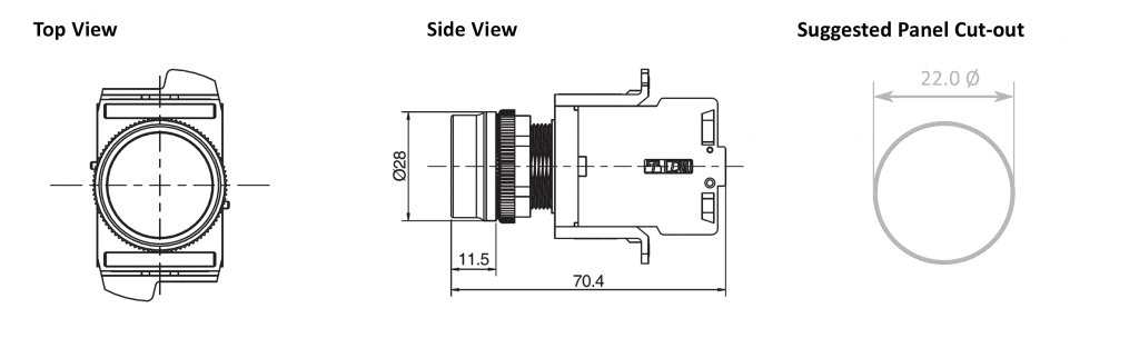 Drawing of RJSAS22E Flat Button push button switch, round plastic non illuminated, rjs electronics ltd