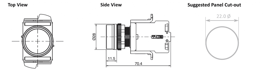 Drawing of RJSAS22E Flat Illuminated Button, full LED illumination with block terminals, rjs electronics ltd