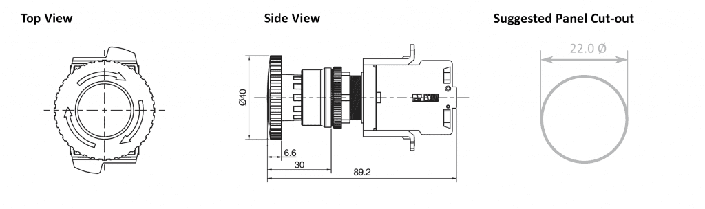 Drawing of RJSAS22E Large Mushroom Emergency, panel mount, large, mushroom, emergency push button switch. RJS Electronics Ltd.