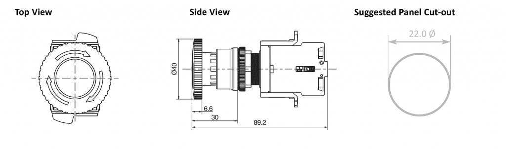 Drawing of RJSAS22E Large Mushroom Emergency Light emergency stop button led illuminated, rjs electronics ltd