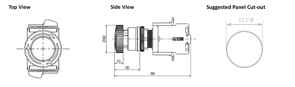 Drawing of RJSAS22E Mushroom Emergency e-stop button, emergency stop button, rjs electronics ltd