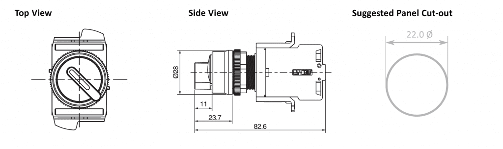 Drawing of RJSAS22E Round Illuminated Selector, terminal block, led illuminated, rjs electronics ltd