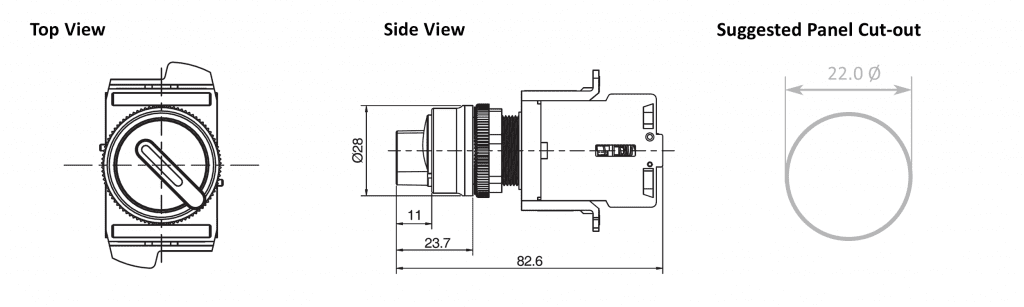 Drawing of RJSAS22E Round Selector, non-illuminated selector switch, terminal block, rjs electronics ltd