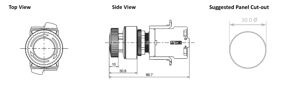 Drawing of RJSAS30E Emergency Stop Illuminated, plastic e-stop switch, led illuminated, custom symbol, rjs electronics ltd