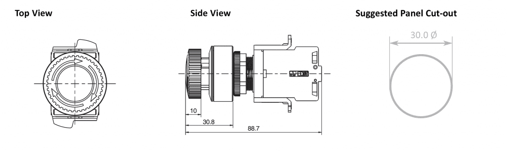 Drawing of RJSAS30E Emergency Stop, non-illuminated plastic e-stop switch, rjs electronics ltd