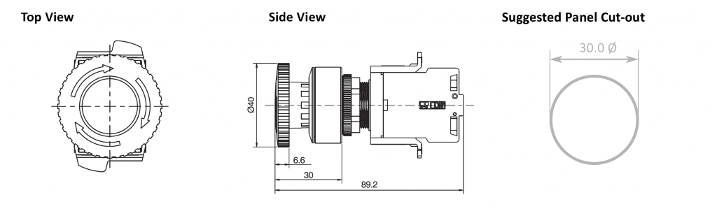 Drawing of RJSAS30E Mushroom Emergency Stop, terminal block plastic e-stop switch, non-illuminated, rjs electronics ltd