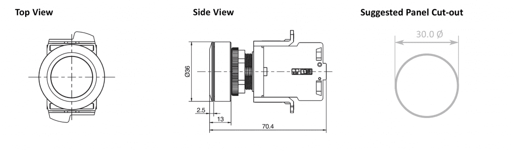 Drawing of RJSAS30E Flat Illuminated Switch, terminal block, rjs electronics ltd